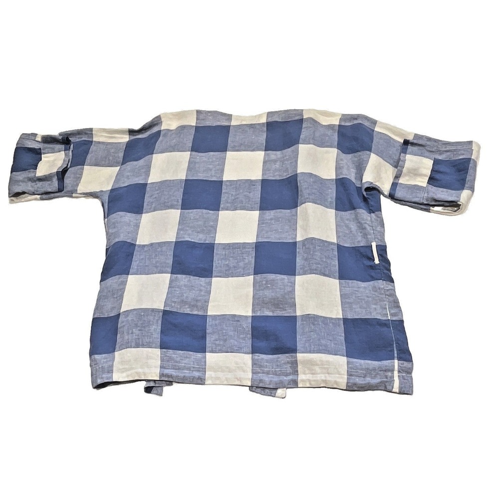 Lou & Grey Blue White Buffalo Check Linen Blend Open Front Cardigan XS - Picture 2 of 4
